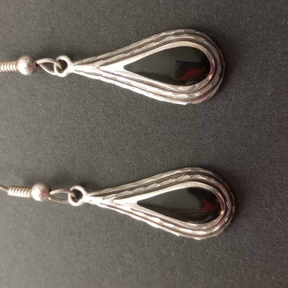 Sterling Silver With Black Onyx Teardrop Dangle Earrings - Picture 3 of 14